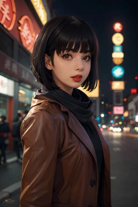 looking at viewer, portrait, close up,
spherehunter, 1girl, lips, short black hair, blunt end bangs, brown eyes, red lips, scarf, leather coat,
realistic, picturesque, outdoors, nightlife, cityscape, hong-kong
 <lora:sphere-hunter-v7:0.8>