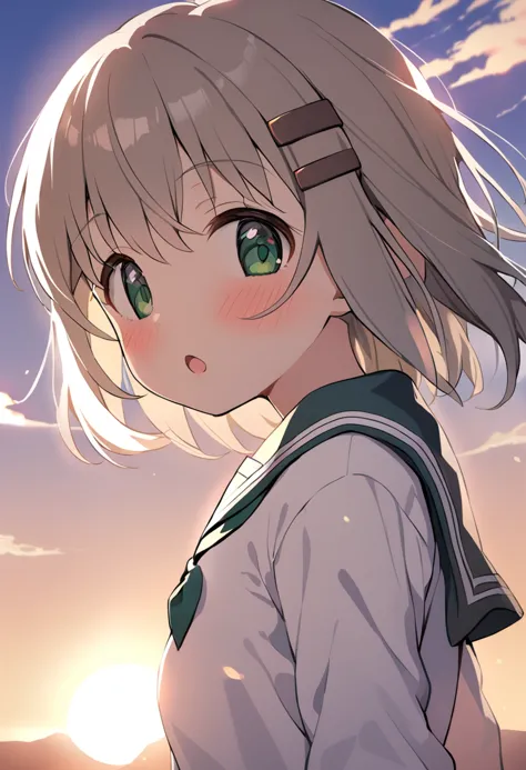 anime girl with green eyes and white hair standing in front of the sun