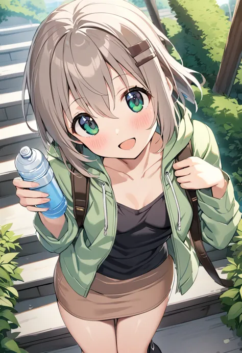 1girl, yukimura aoi, solo, bag, backpack, downblouse, short hair, looking at viewer, blush, open mouth, green eyes, grey hair, smile, outdoors, stairs, collarbone, green jacket, bottle, black shirt, long sleeves, eyebrows visible through hair, tree, brown skirt, hair ornament, hairclip, from above, water bottle, holding bottle, hair between eyes, day, miniskirt, open jacket, brown hair, standing, leaf, small breasts, knee boots, pencil skirt, dutch angle, :d, hoodie, bush, ground vehicle, hood down, hooded jacket, black footwear, drawstring, extended downblouse, leaning forward, blue eyes, masterpiece, best quality <lora:yukimura_aoi_sdxl_locon_ani_v1:0.7>