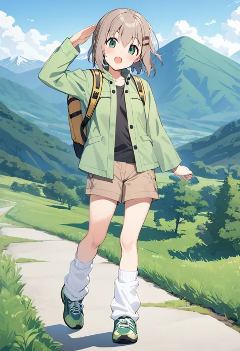 1girl, yukimura aoi, solo, hair ornament, bag, backpack, hairclip, open mouth, socks, black shirt, day, outdoors, short hair, blush, green jacket, long sleeves, green footwear, brown shorts, full body, eyebrows visible through hair, looking at viewer, blue sky, grey hair, smile, cloud, arm up, grass, white legwear, mountain, green eyes, standing, loose socks, open jacket, :d, salute, short shorts, sneakers, hair between eyes, brown hair, shading eyes, collarbone, blue eyes, :o, standing on one leg, cloudy sky, light brown hair, walking, head tilt, sleeves past wrists, mountainous horizon, masterpiece, best quality <lora:yukimura_aoi_sdxl_locon_ani_v1:0.7>