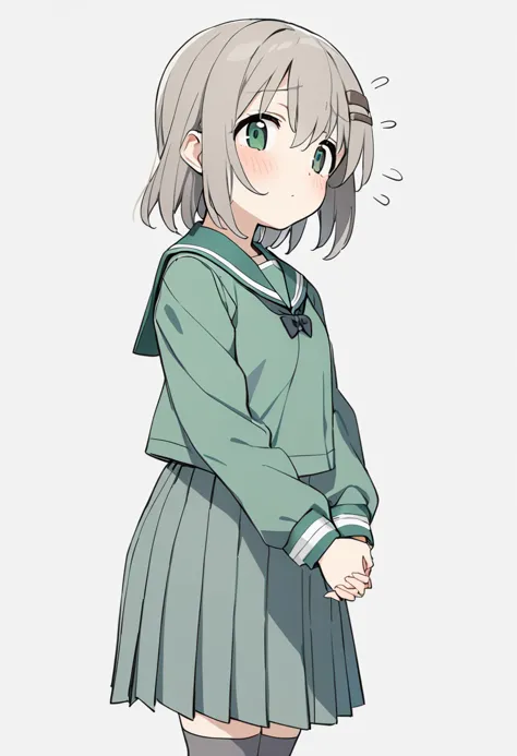 1girl, yukimura aoi, solo, green eyes, hair ornament, hairclip, white background, simple background, school uniform, pleated skirt, long sleeves, serafuku, flying sweatdrops, own hands together, blush, grey hair, green skirt, eyebrows visible through hair, black legwear, hair between eyes, short hair, closed mouth, standing, green sailor collar, socks, feet out of frame, green serafuku, kneehighs, green shirt, own hands clasped, grey legwear, grey skirt, looking away, hands up, grey sailor collar, looking at viewer, looking to the side, grey shirt, interlocked fingers, medium hair, knees together feet apart, tareme, masterpiece, best quality <lora:yukimura_aoi_sdxl_locon_ani_v1:0.7>