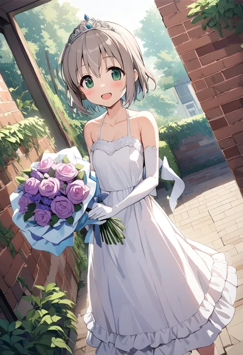 anime girl in white dress holding a bouquet of flowers