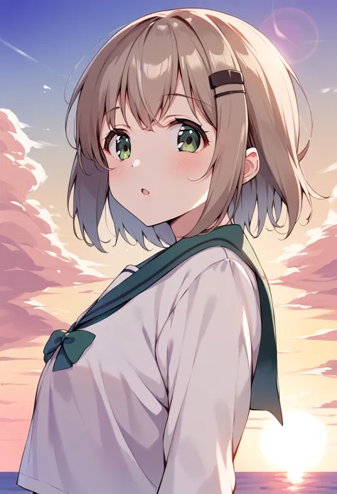 score_9, score_8_up, score_7_up, best quality, masterpiece, source_anime BREAK
yukimura aoi, 1girl, solo, school uniform, green eyes, short hair, brown hair, blush, lens flare, serafuku, looking at viewer, upper body, sunset, hair ornament, sky, open mouth, long sleeves, :o, parted lips, outdoors, grey hair, from side, cloud, eyebrows visible through hair, hair ribbon, sun, bangs <lora:yukimura_aoi_sdxl_locon_pony_v1:0.7>