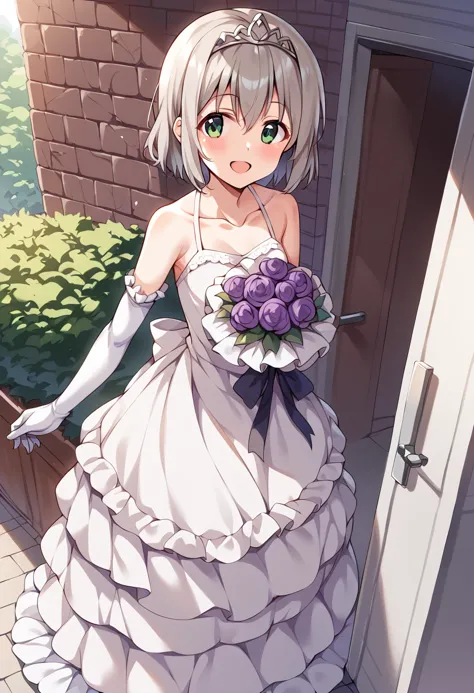 anime - style image of a woman in a wedding dress holding a bouquet