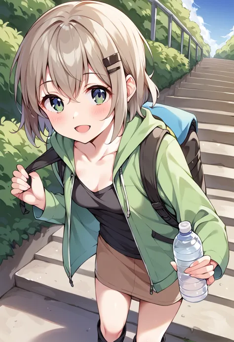 score_9, score_8_up, score_7_up, best quality, masterpiece, source_anime BREAK
yukimura aoi, 1girl, solo, bag, backpack, downblouse, short hair, looking at viewer, blush, open mouth, green eyes, grey hair, smile, outdoors, stairs, collarbone, green jacket, bottle, black shirt, long sleeves, eyebrows visible through hair, tree, brown skirt, hair ornament, hairclip, from above, water bottle, holding bottle, hair between eyes, day, miniskirt, open jacket, brown hair, standing, leaf, small breasts, knee boots, pencil skirt, dutch angle, :d, hoodie, bush, ground vehicle, hood down, hooded jacket, black footwear, drawstring, extended downblouse, leaning forward, blue eyes <lora:yukimura_aoi_sdxl_locon_pony_v1:0.7>