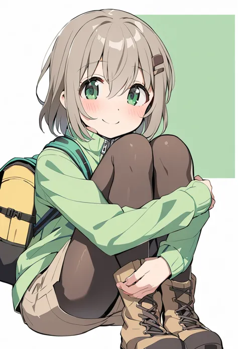 1girl, yukimura aoi, solo, hair ornament, smile, hairclip, green eyes, bag, looking at viewer, grey hair, short hair, backpack, blush, sitting, boots, green jacket, hugging own legs, pantyhose, black footwear, simple background, closed mouth, long sleeves, yellow jacket, shorts, hair between eyes, pants, medium hair, green background, white background, zipper, track jacket, brown hair, brown skirt, black legwear, two-tone background, brown legwear, own hands together, brown footwear, legwear under shorts, masterpiece, best quality <lora:yukimura_aoi_sdxl_locon_ani_v1:0.7>