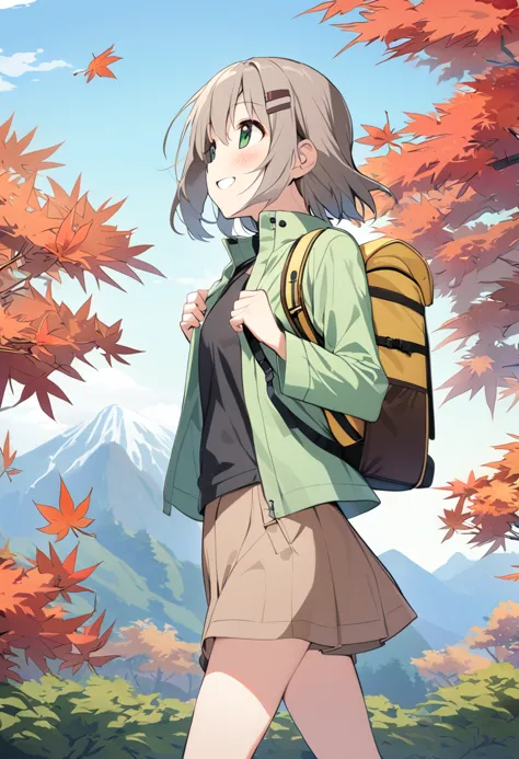 anime girl with backpack walking through a forest with autumn leaves