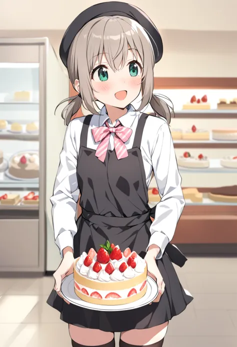 anime girl holding a plate of food in front of a bakery