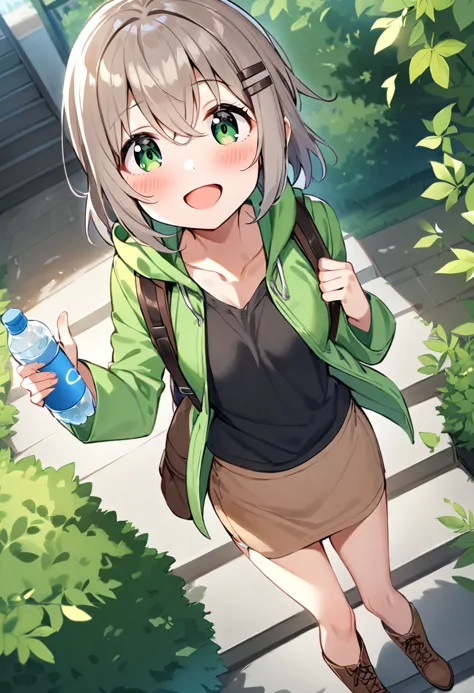 masterpiece, best quality, very aesthetic, absurdres, 1girl, yukimura aoi, solo, bag, backpack, downblouse, short hair, looking at viewer, blush, open mouth, green eyes, grey hair, smile, outdoors, stairs, collarbone, green jacket, bottle, black shirt, long sleeves, eyebrows visible through hair, tree, brown skirt, hair ornament, hairclip, from above, water bottle, holding bottle, hair between eyes, day, miniskirt, open jacket, brown hair, standing, leaf, small breasts, cross-laced footwear, boots, pencil skirt, dutch angle, :d, hoodie, bush, hood down, hooded jacket, brown footwear, drawstring, extended downblouse <lora:yukimura_aoi_sdxl_locon_ani31_v1:0.7>