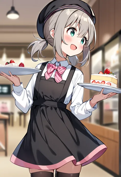 masterpiece, best quality, very aesthetic, absurdres, 1girl, yukimura aoi, solo, cake, thighhighs, open mouth, smile, black legwear, green eyes, strawberry, white shirt, fruit, grey hair, indoors, showcase, blurry background, collared shirt, plate, beret, :d, low twintails, black apron, holding plate, long sleeves, black headwear, short twintails, depth of field, striped, pink neckwear, blush, looking away, pink bow, hair between eyes, short hair, zettai ryouiki, cowboy shot, standing, looking to the side, striped bow, bowtie, pinafore dress, holding food, striped neckwear, strawberry shortcake, cake slice, eyebrows visible through hair, employee uniform, birthday cake, dress shirt, aqua eyes, collarbone, sidelocks, diagonal stripes, silver hair, hair tie, black skirt, wing collar, black dress, long hair <lora:yukimura_aoi_sdxl_locon_ani31_v1:0.7>