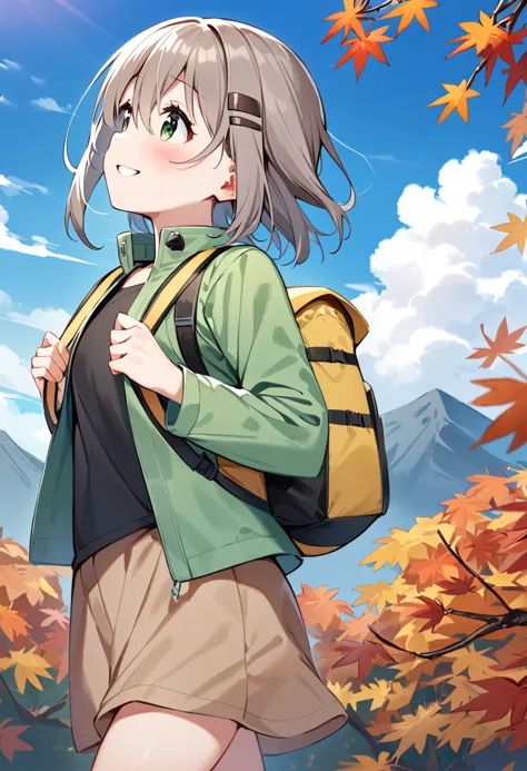 masterpiece, best quality, very aesthetic, absurdres, 1girl, yukimura aoi, solo, backpack, hair ornament, hairclip, smile, short hair, green eyes, green jacket, grey hair, brown shorts, black shirt, blush, long sleeves, leaf, holding strap, autumn leaves, eyebrows visible through hair, hair between eyes, open jacket, grin, cowboy shot, brown hair, maple leaf, from side, standing, parted lips, yellow bag, looking to the side, leaf background, looking away, open mouth, walking, branch, brown skirt, blue sky, cloud, mountain <lora:yukimura_aoi_sdxl_locon_ani31_v1:0.7>