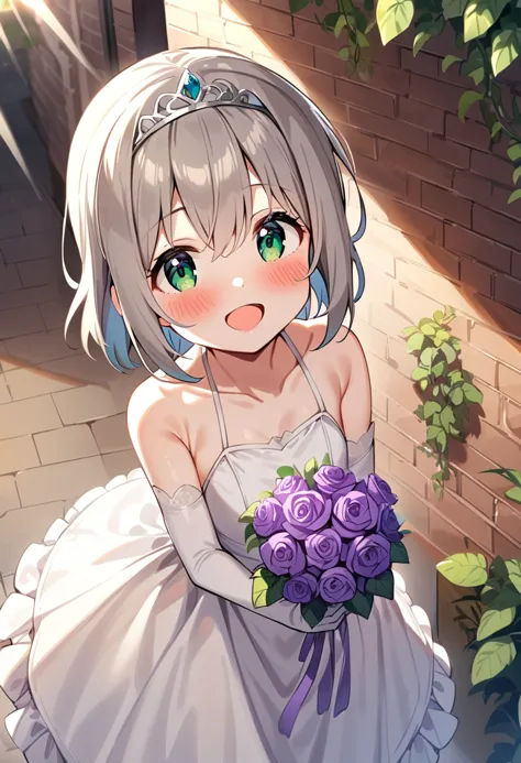 masterpiece, best quality, very aesthetic, absurdres, 1girl, yukimura aoi, 1girl, solo, green eyes, short hair, white dress, blu...