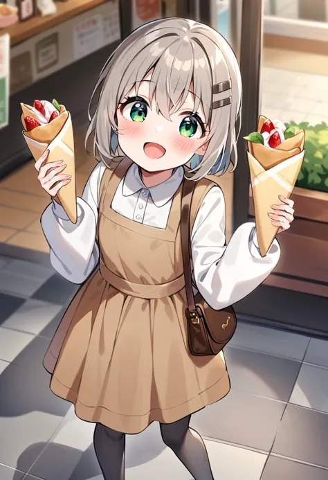 masterpiece, best quality, very aesthetic, absurdres, 1girl, yukimura aoi, hair ornament, open mouth, crepe, hairclip, pantyhose, green eyes, smile, brown footwear, eyebrows visible through hair, solo, hair between eyes, holding crepe, looking at viewer, grey hair, blush, standing, :d, grey legwear, depth of field, loafers, short hair, black legwear, white shirt, shoulder bag, sleeveless dress, hand up, brown dress, pinafore dress, outdoors, pigeon-toed, handbag, tiles, tile floor, puffy long sleeves, hands up, sleeves past wrists <lora:yukimura_aoi_sdxl_locon_ani31_v1:0.7>