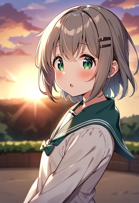 masterpiece, best quality, very aesthetic, absurdres, 1girl, yukimura aoi, solo, school uniform, green eyes, short hair, brown hair, blush, lens flare, serafuku, looking at viewer, upper body, sunset, hair ornament, sky, open mouth, long sleeves, :o, parted lips, outdoors, grey hair, from side, cloud, eyebrows visible through hair, hair ribbon, sun, bangs <lora:yukimura_aoi_sdxl_locon_ani31_v1:0.7>