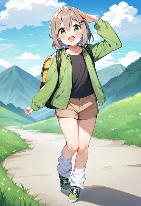 masterpiece, best quality, very aesthetic, absurdres, 1girl, yukimura aoi, solo, hair ornament, bag, backpack, hairclip, open mouth, socks, black shirt, day, outdoors, short hair, blush, green jacket, long sleeves, green footwear, brown shorts, full body, eyebrows visible through hair, looking at viewer, blue sky, grey hair, smile, cloud, arm up, grass, white legwear, mountain, green eyes, standing, loose socks, open jacket, :d, salute, short shorts, sneakers, hair between eyes, brown hair, shading eyes, collarbone, blue eyes, :o, standing on one leg, cloudy sky, light brown hair, walking, head tilt, sleeves past wrists, mountainous horizon <lora:yukimura_aoi_sdxl_locon_ani31_v1:0.7>