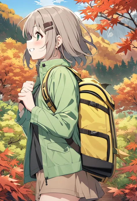 a woman with a backpack walking through a forest in the fall