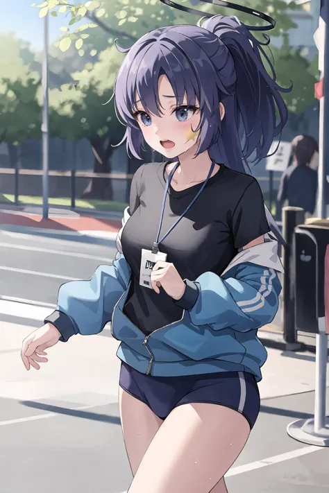 1girl, yuuka \(blue archive\), halo, track jacket, blue buruma, solo, t-shirt, id card, lanyard, ponytail, sticker on face, open clothes, running, cowboy shot,  track, open mouth, sweat, depth of field, masterpiece