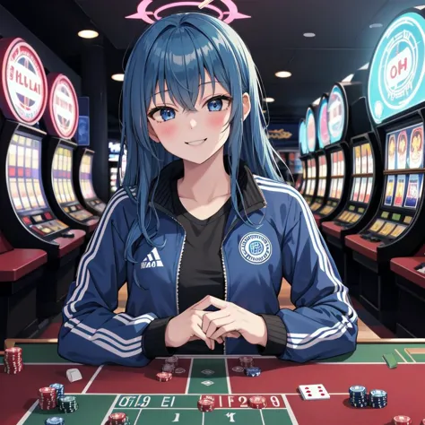 1girl, yuuka \(blue archive\), halo, track jacket, dark blue hair, dark blue eyes, blue buruma, solo, playing casino slot machin...