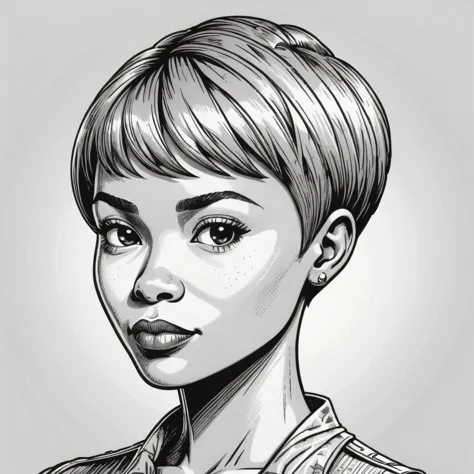 a drawing of a woman with short hair and a shirt