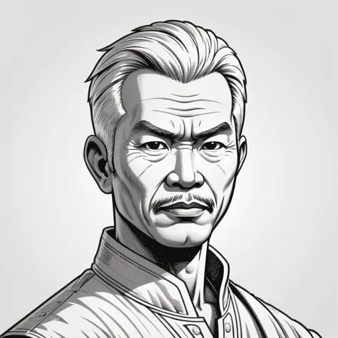 wsj-style engraving, woodcut, monochrome, solo character portrait, middle aged man, hair: Ivy League, nationality: Cambodian, fighter, white background<lora:EnvyCharacterPortraitHelperXL01:1.0>