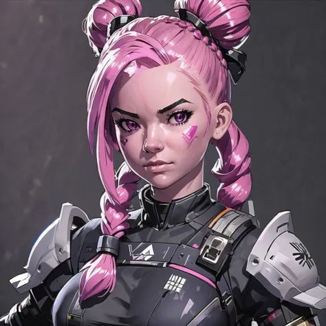 solo character portrait, young woman, hair: subsurface scattering  pink hair, twintails, nationality: American, warrior, dark background<lora:EnvyCharacterPortraitHelperXL01:1.0>