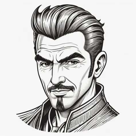 wsj-style engraving, woodcut, monochrome, solo character portrait, man, hair: Pompadour, nationality: Costa Rican, magus, white background<lora:EnvyCharacterPortraitHelperXL01:1.0>