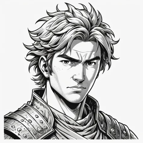 wsj-style engraving, woodcut, monochrome, solo character portrait, young man, hair: Messy Hair, nationality: American, warrior, white background<lora:EnvyCharacterPortraitHelperXL01:1.0>