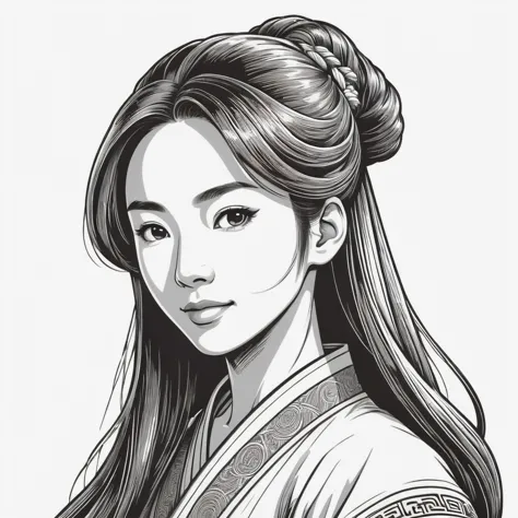 a drawing of a woman with long hair and a bun