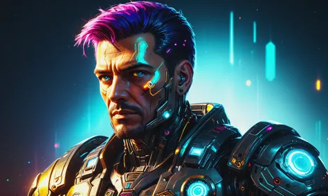 a man with purple hair and a futuristic suit stands in front of a neon background