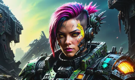 a woman with pink hair and a futuristic suit stands in front of a futuristic city