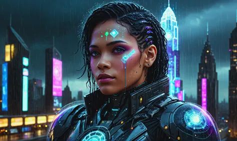 a woman in futuristic clothing standing in front of a city