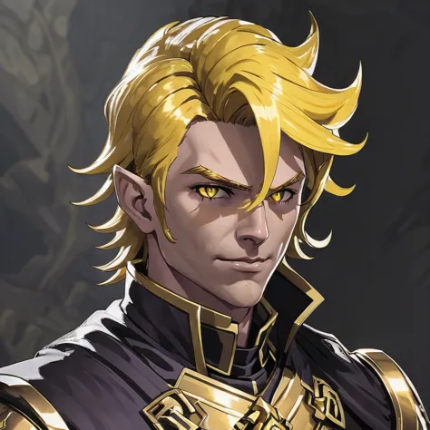 a close up of a man with blonde hair and a gold outfit