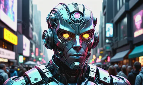 a close up of a robot with glowing eyes in a crowded city