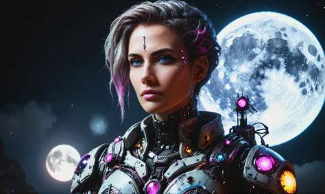 a woman in a futuristic outfit with a full moon behind her