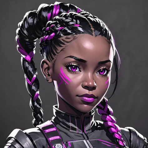 solo character portrait, woman, hair: black hair with magenta highlights, Goddess Braids, nationality: Equatorial Guinean, technician, dark background<lora:EnvyCharacterPortraitHelperXL01:1.0>