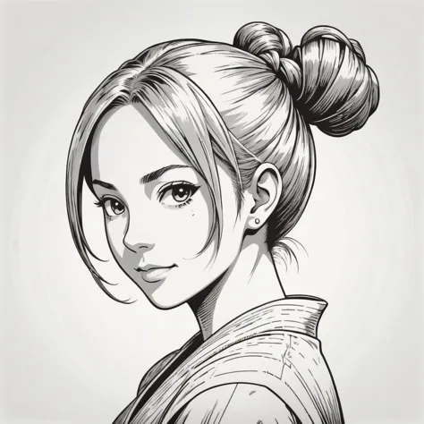 wsj-style engraving, woodcut, monochrome, solo character portrait, young woman, hair: Twisted Bun, nationality: Wallisian, soul eater, white background<lora:EnvyCharacterPortraitHelperXL01:1.0>