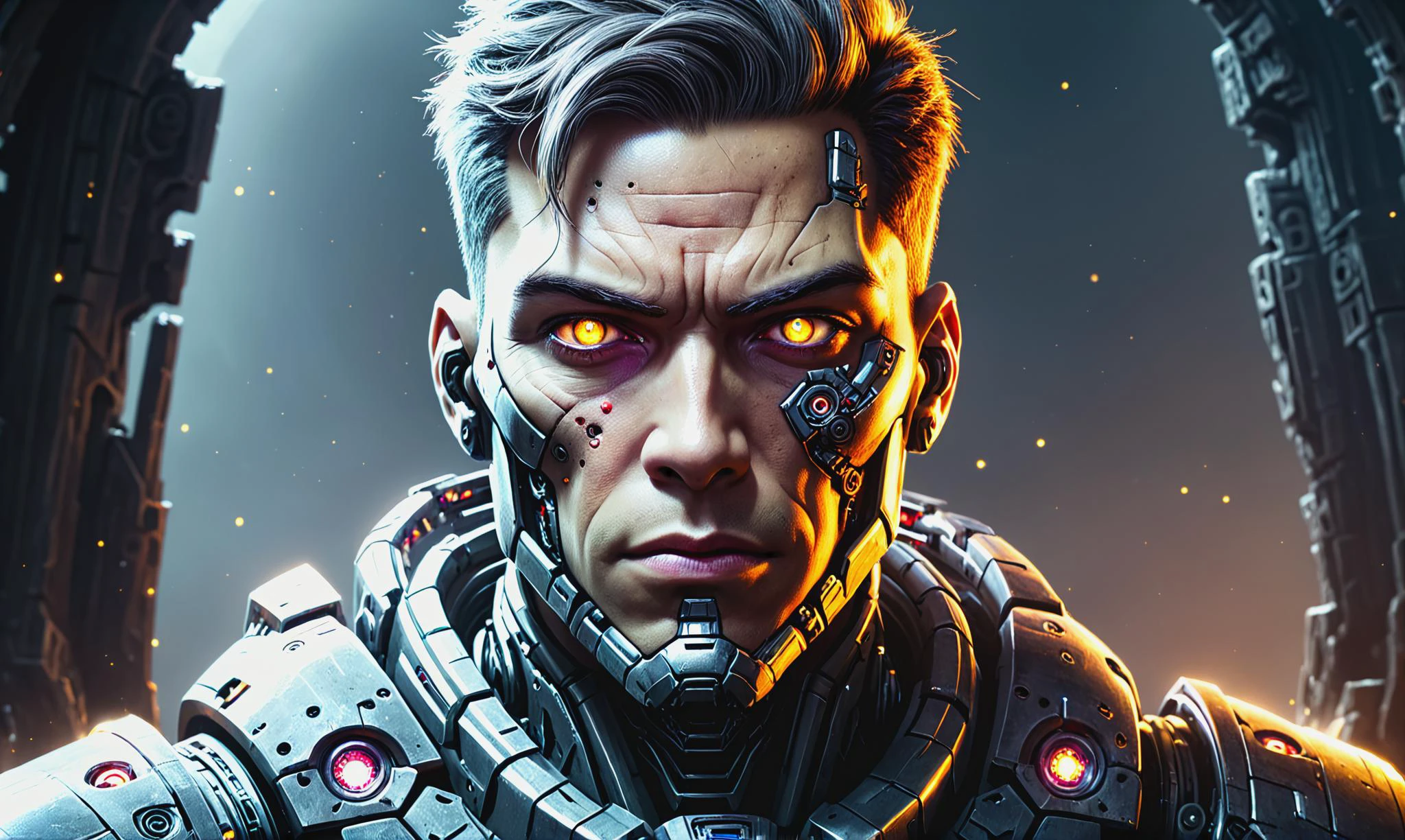Detailed digital portrait of a rlyehstyleai cyborg at a Ancient starship graveyard with salvageable tech, Dramatically lit,  solo character portrait, dark background