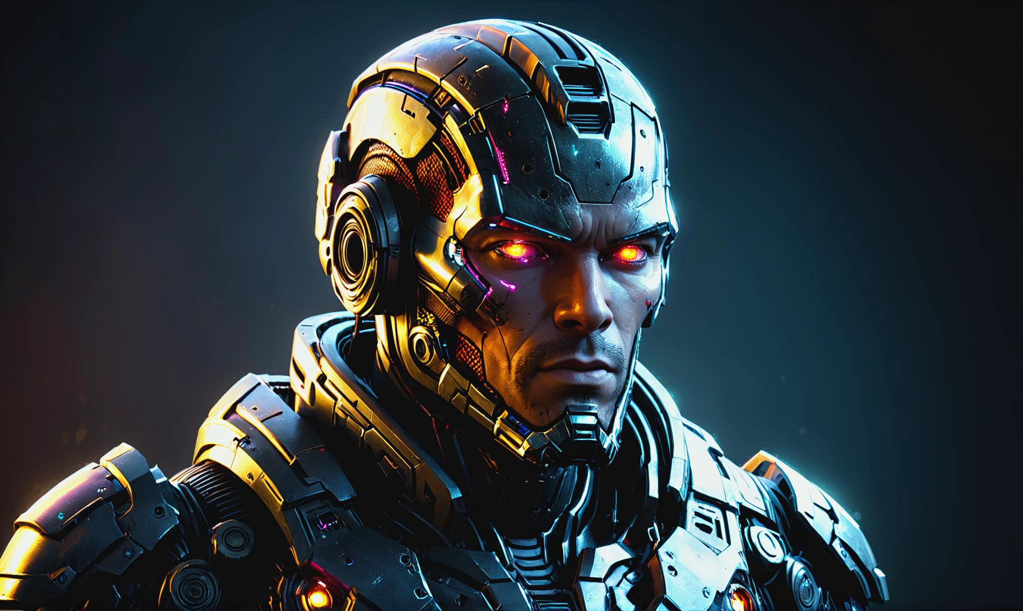 Detailed digital portrait of a cyberpunkai cyborg at a Rogue planet on collision course, PENeonUV, Volumetric lighting,  solo character portrait, dark background