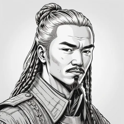 wsj-style engraving, woodcut, monochrome, solo character portrait, man, hair: Dreadlocks, nationality: Kazakhstani, soldier, white background<lora:EnvyCharacterPortraitHelperXL01:1.0>