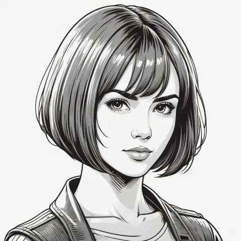 wsj-style engraving, woodcut, monochrome, solo character portrait, young woman, hair: bob cut, nationality: American, reaper, white background<lora:EnvyCharacterPortraitHelperXL01:1.0>