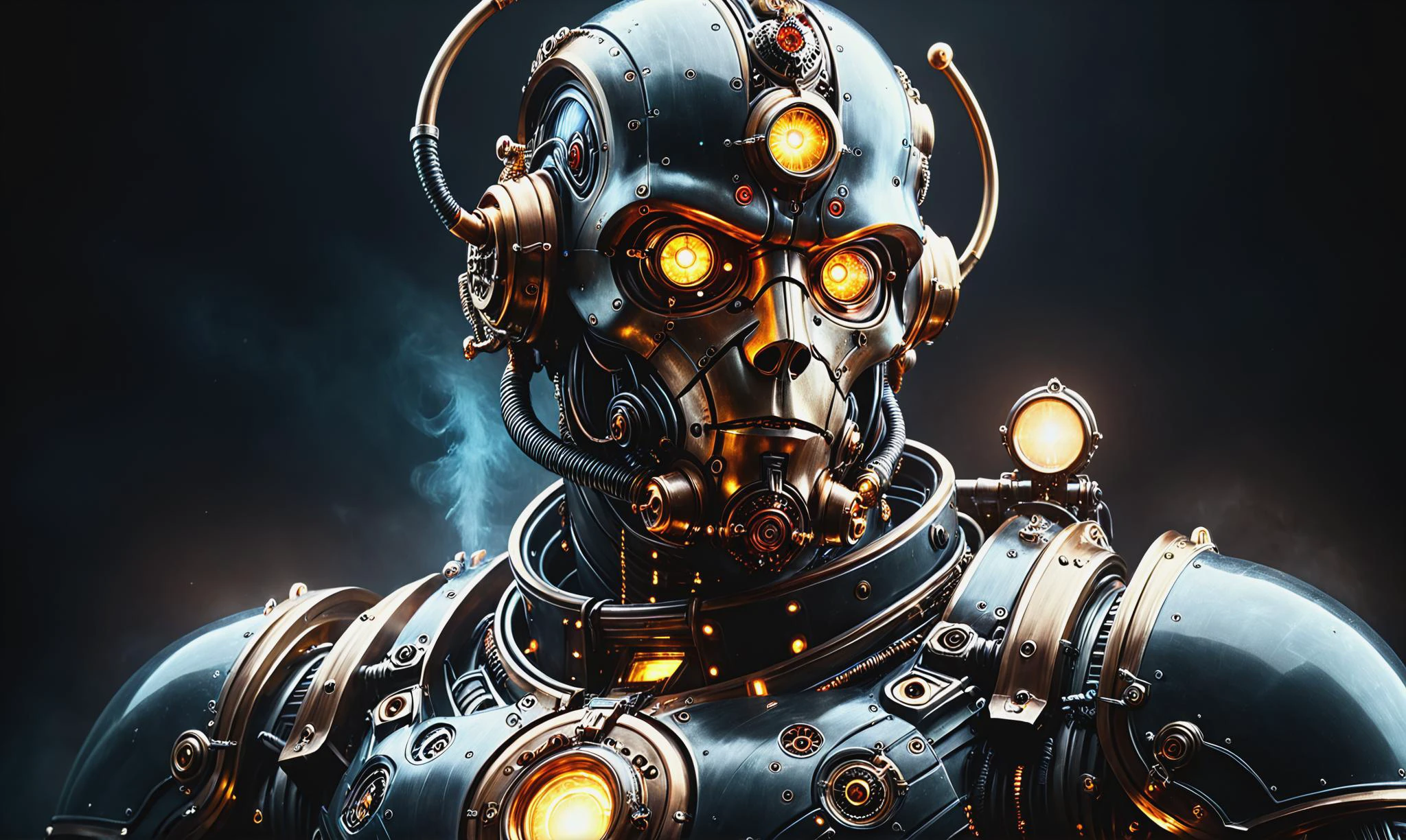 Retrato digital detalhado de um ciborgue steampunknoireai em seres de energia evoluindo em gigantes gasosos, PENeonUV, claro-escuro,  retrato de personagem solo, fundo escuro