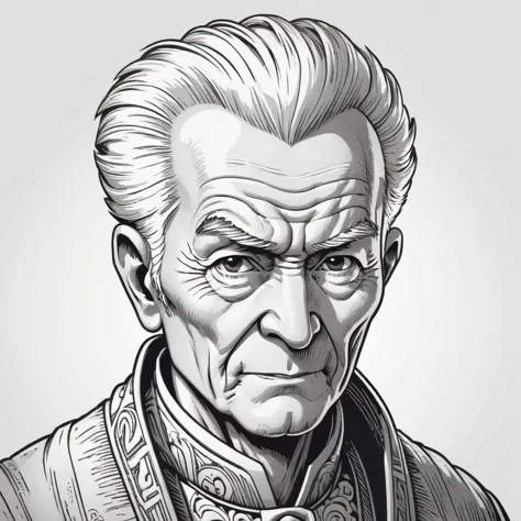 wsj-style engraving, woodcut, monochrome, solo character portrait, older, elderly man, hair: Pompadour, nationality: Tokelauan, chronomancer, white background<lora:EnvyCharacterPortraitHelperXL01:1.0>