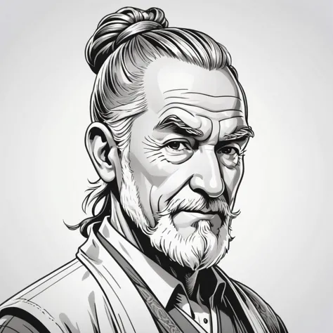 wsj-style engraving, woodcut, monochrome, solo character portrait, older, elderly man, hair: Man Bun, nationality: Wallisian, woman, white background<lora:EnvyCharacterPortraitHelperXL01:1.0>