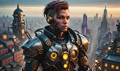 Detailed digital portrait of a <lora:SteamPunkNoireAI:0.7> steampunknoireai cyborg at a Aerial view of cyberpunk city at dusk, <lora:xl_more_art-full_v1:0.4>, <lora:cine:0.7> cin3, Golden hour,  <lora:EnvyCharacterPortraitHelperXL01:0.7> solo character portrait, dark background