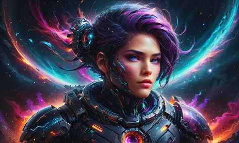 a woman with purple hair and a futuristic suit in front of a galaxy background