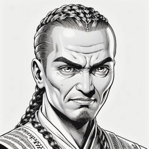 wsj-style engraving, woodcut, monochrome, solo character portrait, man, hair: Cornrows, nationality: Turkmen, ghoul, white background<lora:EnvyCharacterPortraitHelperXL01:1.0>