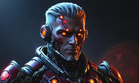 a close up of a man with red eyes and a futuristic suit