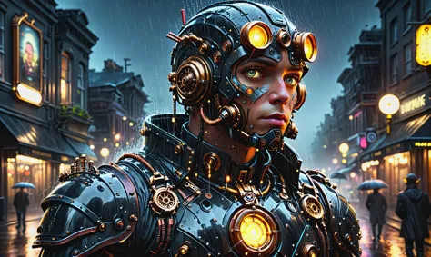 Detailed digital portrait of a <lora:SteamPunkNoireAI:0.7> steampunknoireai cyborg at a Rain-soaked streets with glowing manholes, <lora:xl_more_art-full_v1:0.4>, <lora:Neon_Style_XL:0.7>, Flickering light,  <lora:EnvyCharacterPortraitHelperXL01:0.7> solo character portrait, dark background