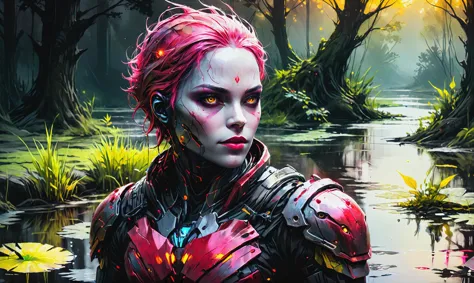 a woman with pink hair and a futuristic outfit standing in a swamp