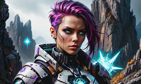 a woman with purple hair and a futuristic outfit stands in front of a mountain